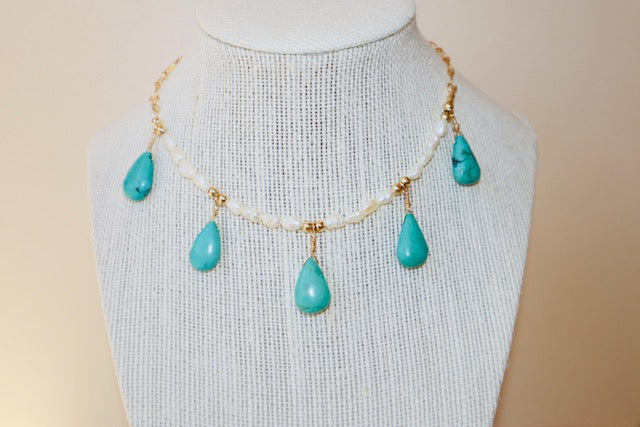 14k Gold-filled Turquoise Tear Drop and pearl necklace