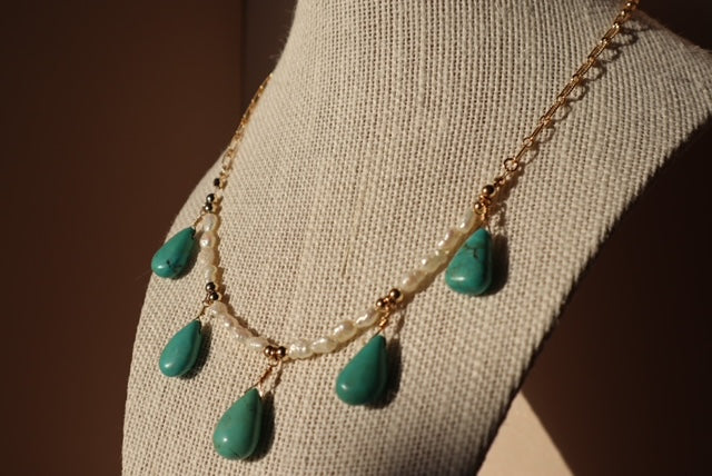 14k Gold-filled Turquoise Tear Drop and pearl necklace