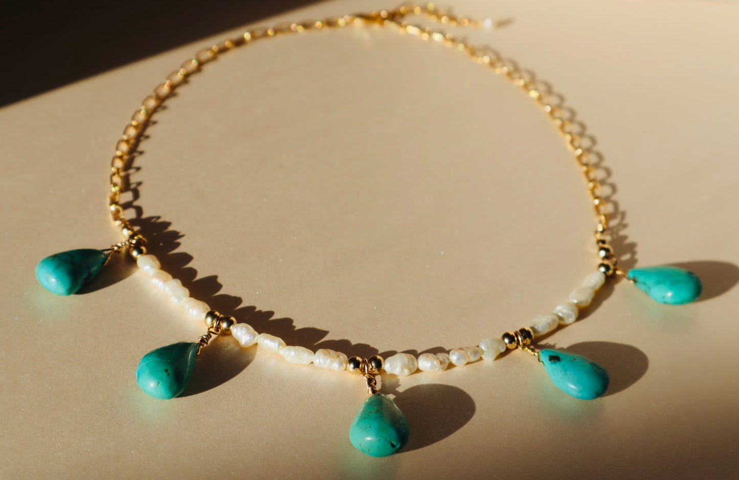 14k Gold-filled Turquoise Tear Drop and pearl necklace