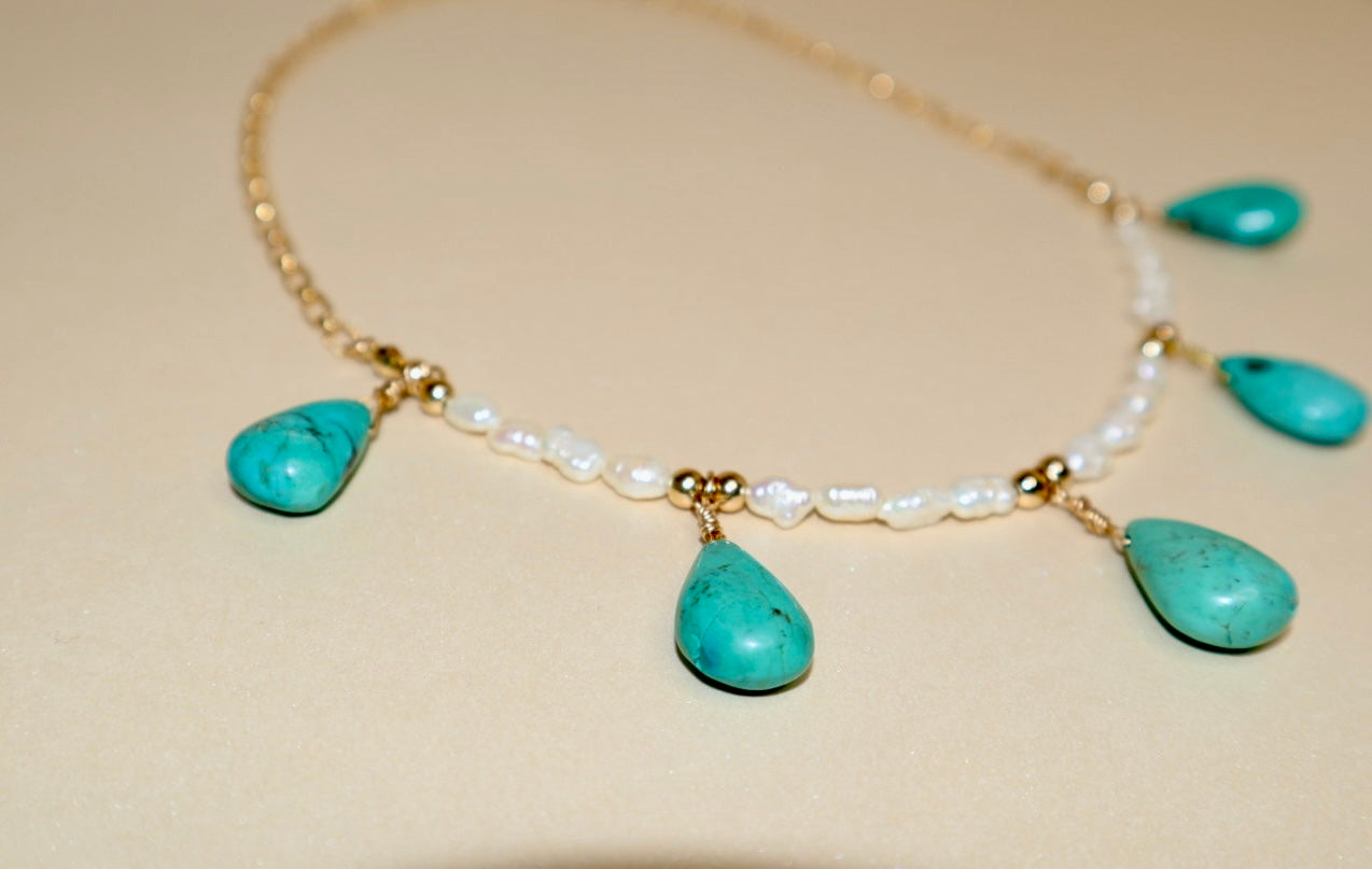 14k Gold-filled Turquoise Tear Drop and pearl necklace