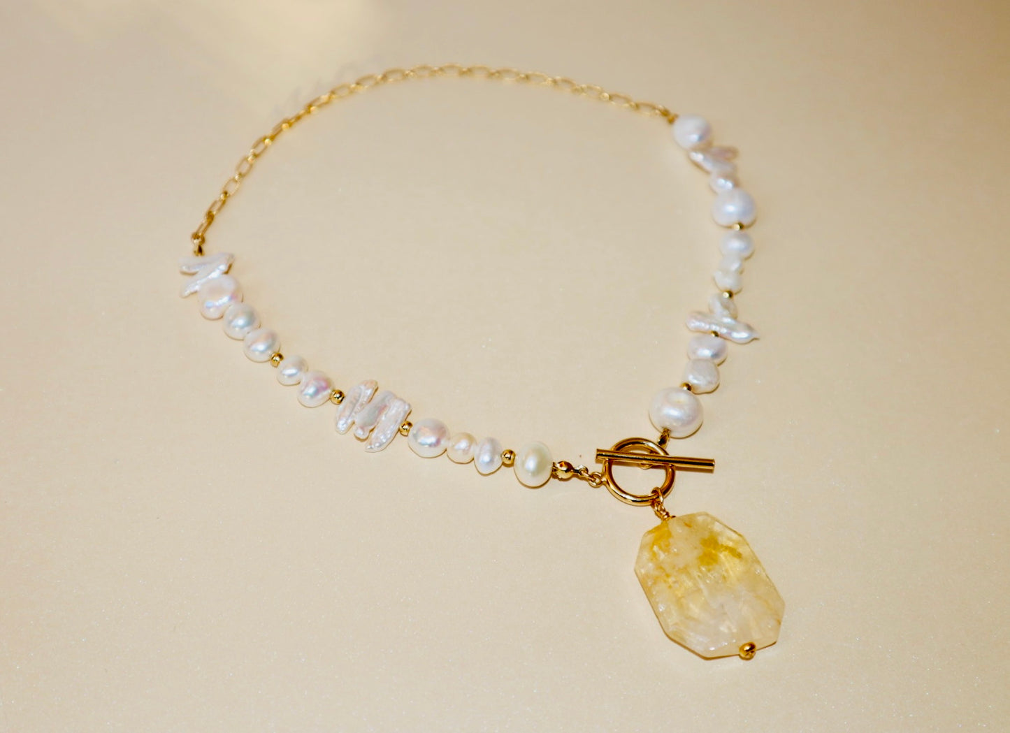 14k gold-filled Citrine Pendant- Baroque Pearl Necklace