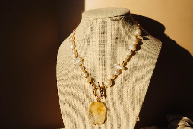 14k gold-filled Citrine Pendant- Baroque Pearl Necklace