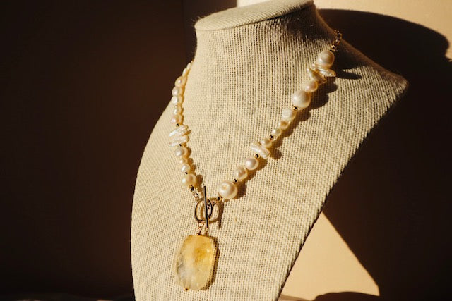 14k gold-filled Citrine Pendant- Baroque Pearl Necklace