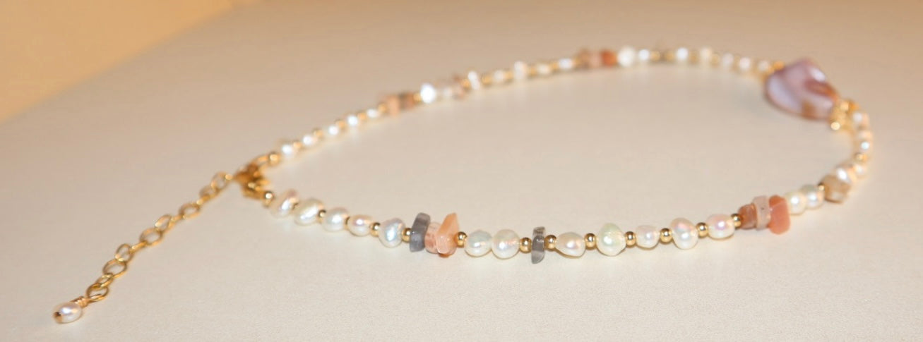 14k gold-filled polished shell pendant and Moonstone Choker