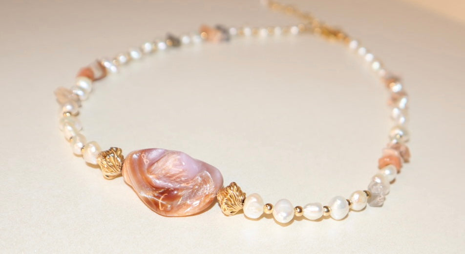 14k gold-filled polished shell pendant and Moonstone Choker