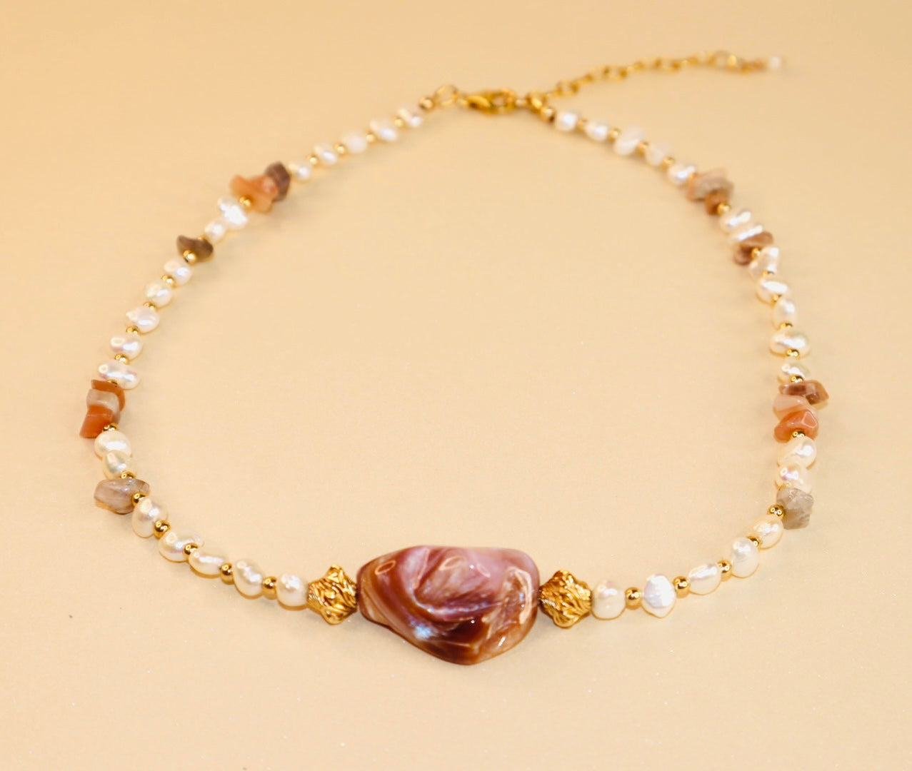 14k gold-filled polished shell pendant and Moonstone Choker