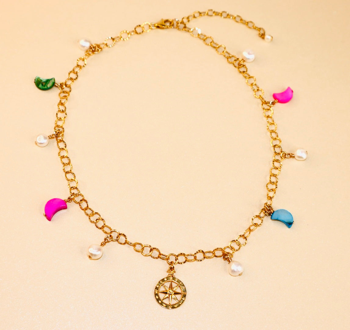 14k gold-filled compass pendant fancy gold chain necklace with colorful mother of pearl crescent moon and baroque pearls choker