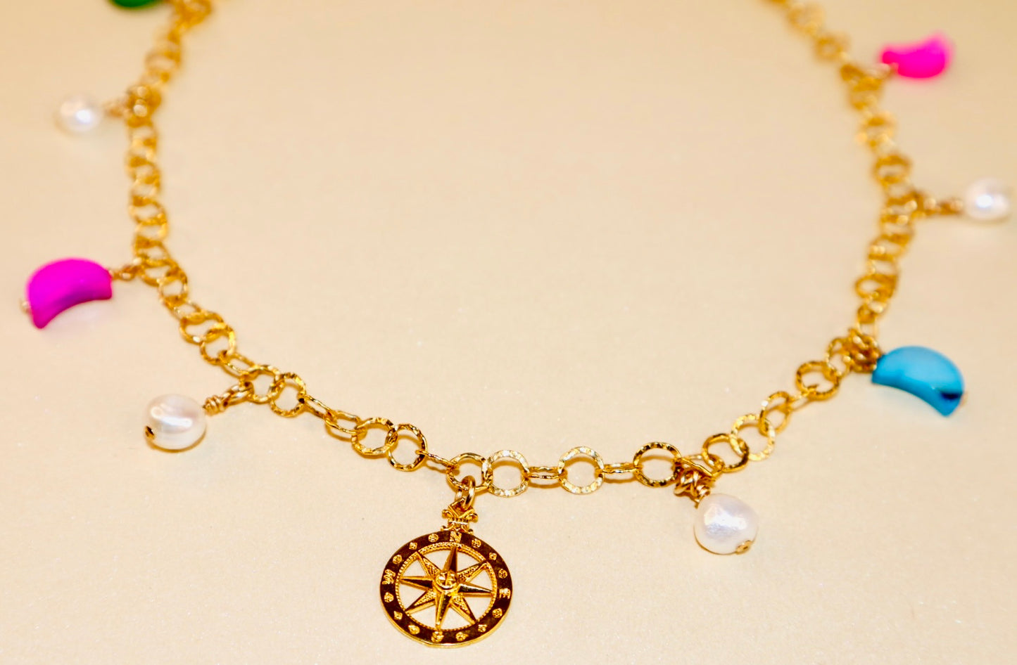 14k gold-filled compass pendant fancy gold chain necklace with colorful mother of pearl crescent moon and baroque pearls choker