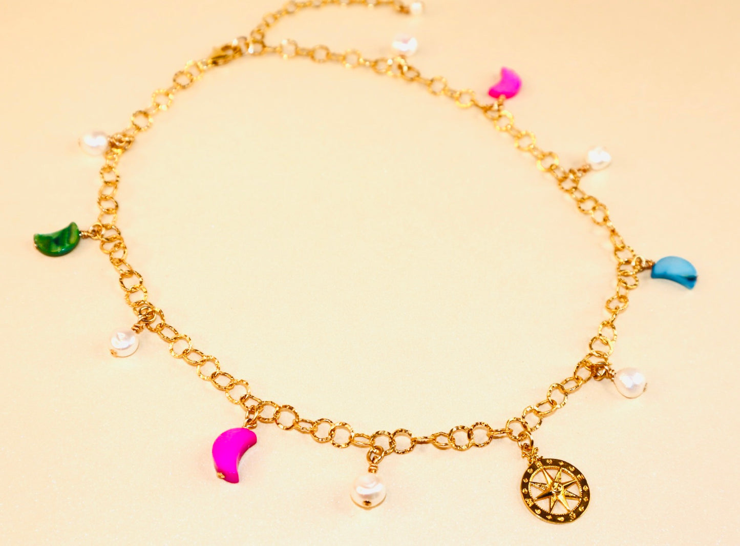 14k gold-filled compass pendant fancy gold chain necklace with colorful mother of pearl crescent moon and baroque pearls choker