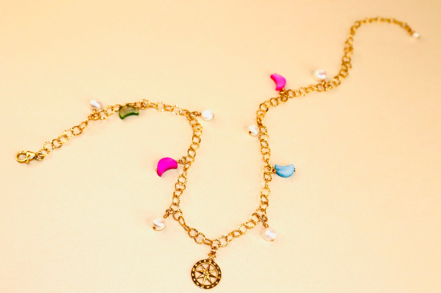 14k gold-filled compass pendant fancy gold chain necklace with colorful mother of pearl crescent moon and baroque pearls choker