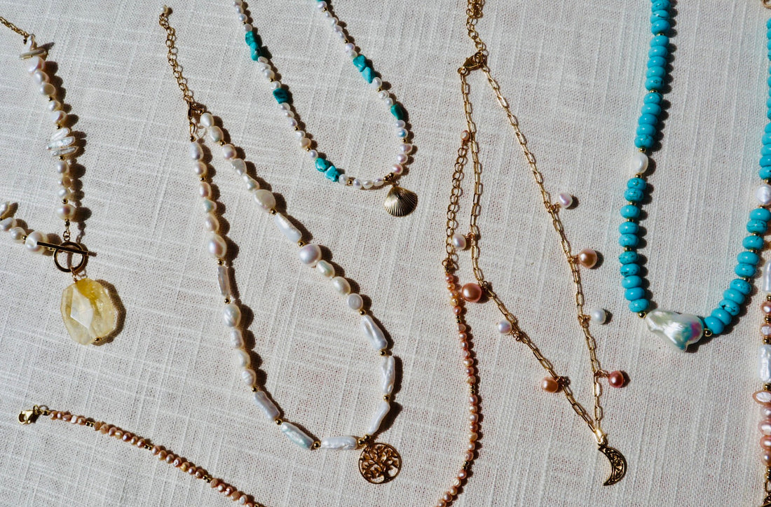 Pearl necklace, turquoise and baroque fireball pearl necklace, Citrine pendant pearl necklace, turquoise and pearl shell necklace, crescent moon pendant and pearl necklace 