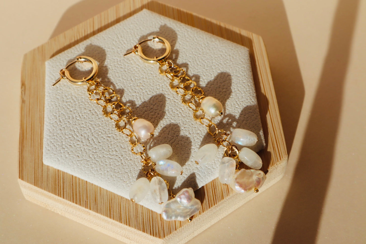 14k gold-filled Moonstone and pearl chain earrings 