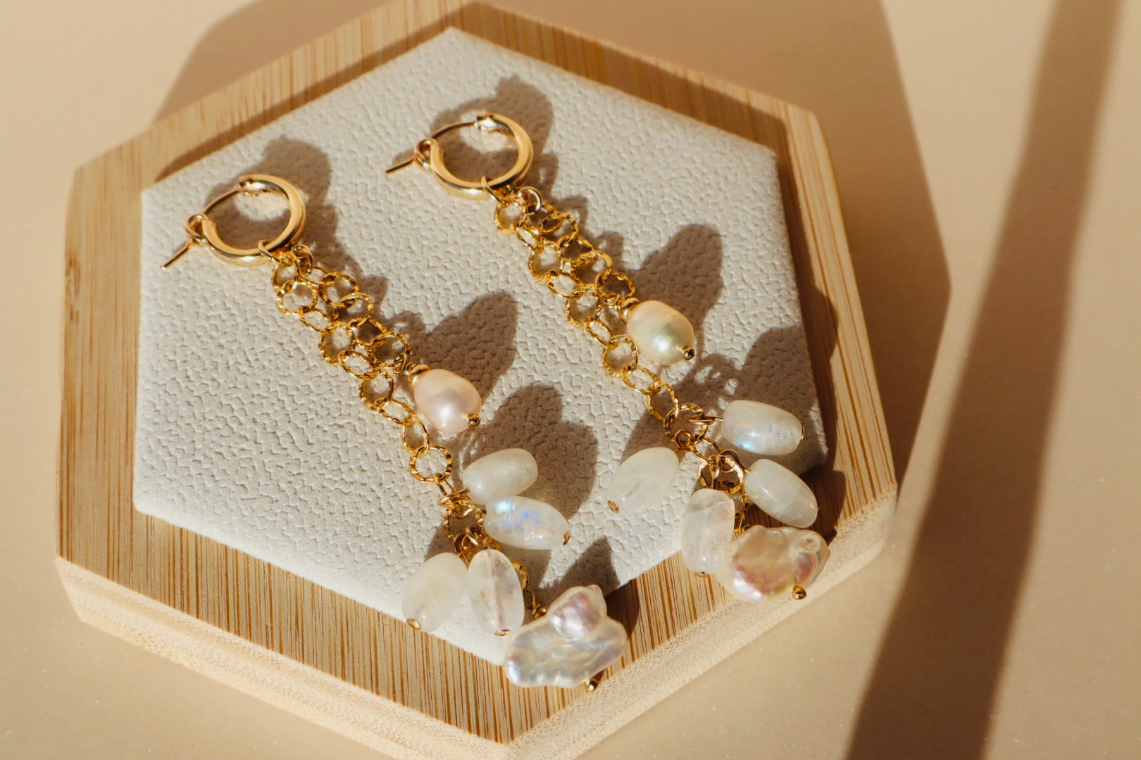 14k gold-filled Moonstone and pearl chain earrings 