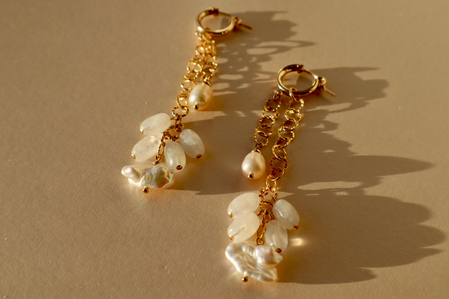 14k gold-filled Moonstone and pearl chain earrings 