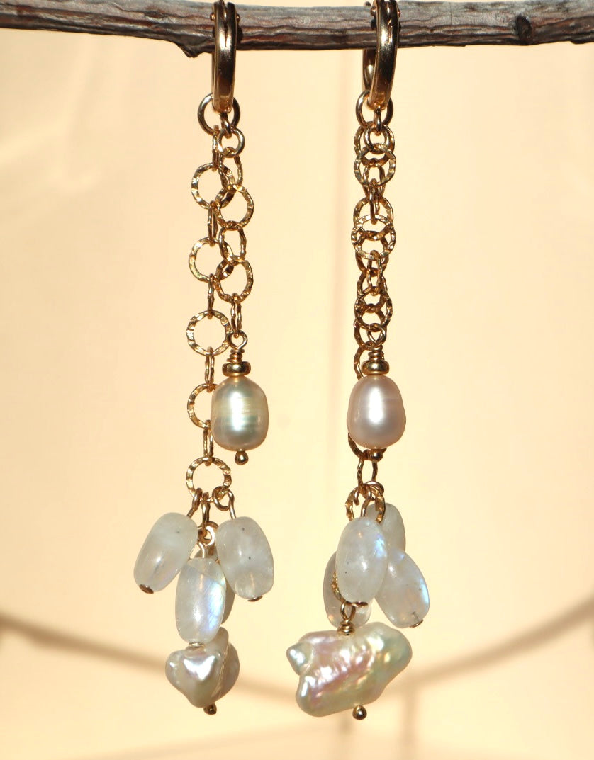 14k gold-filled Moonstone and pearl chain earrings 