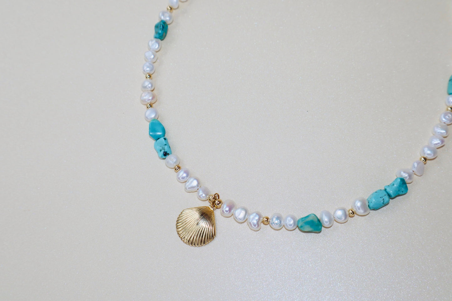 14k Gold-filled Turquoise and Baroque Pearl Necklace with Gold Shell Pendant