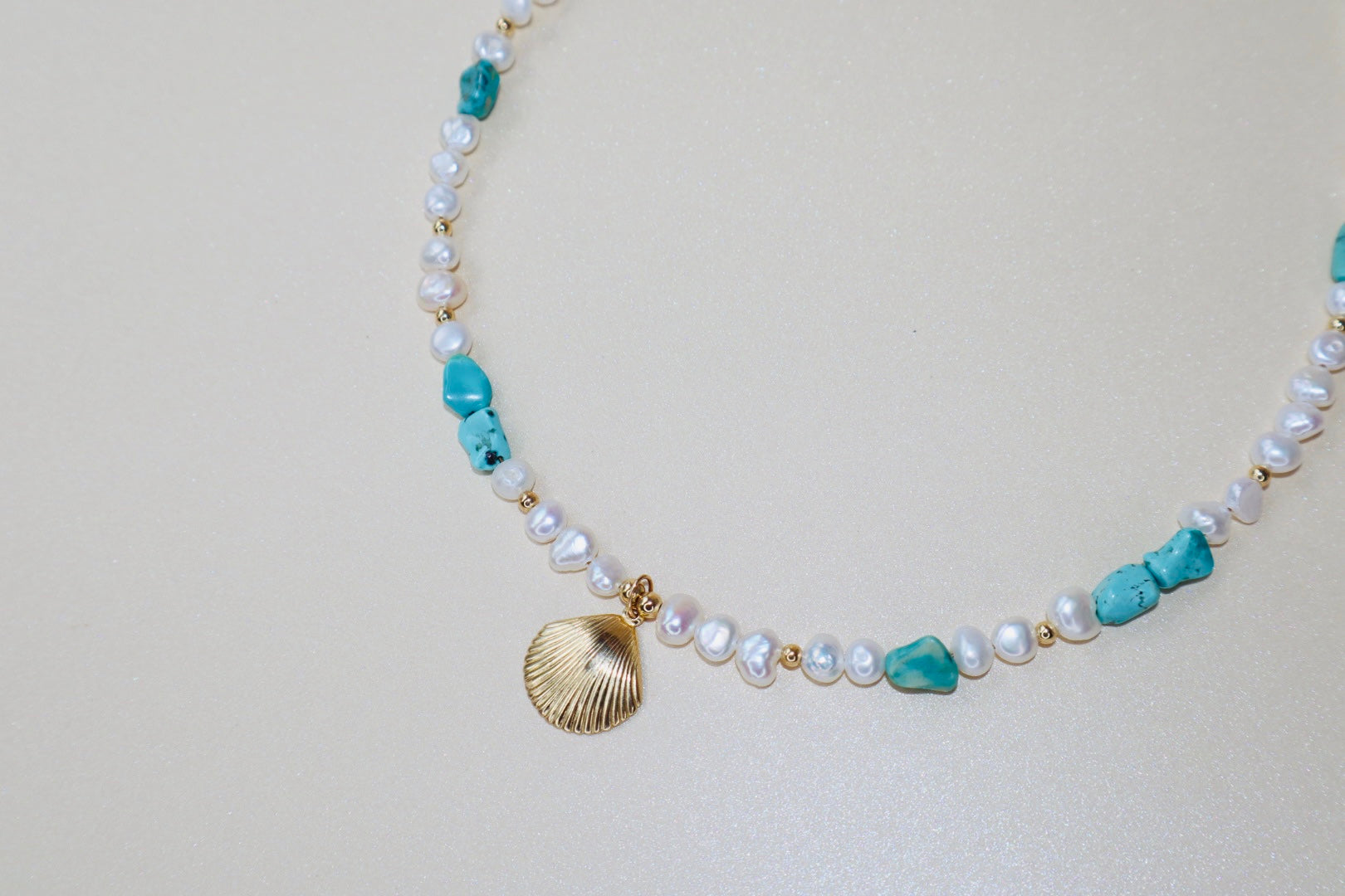 14k Gold-filled Turquoise and Baroque Pearl Necklace with Gold Shell Pendant