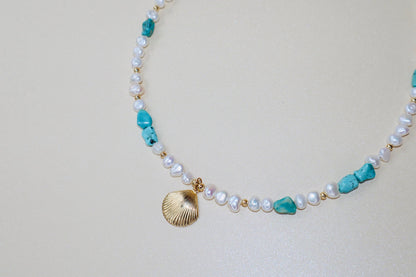 14k Gold-filled Turquoise and Baroque Pearl Necklace with Gold Shell Pendant