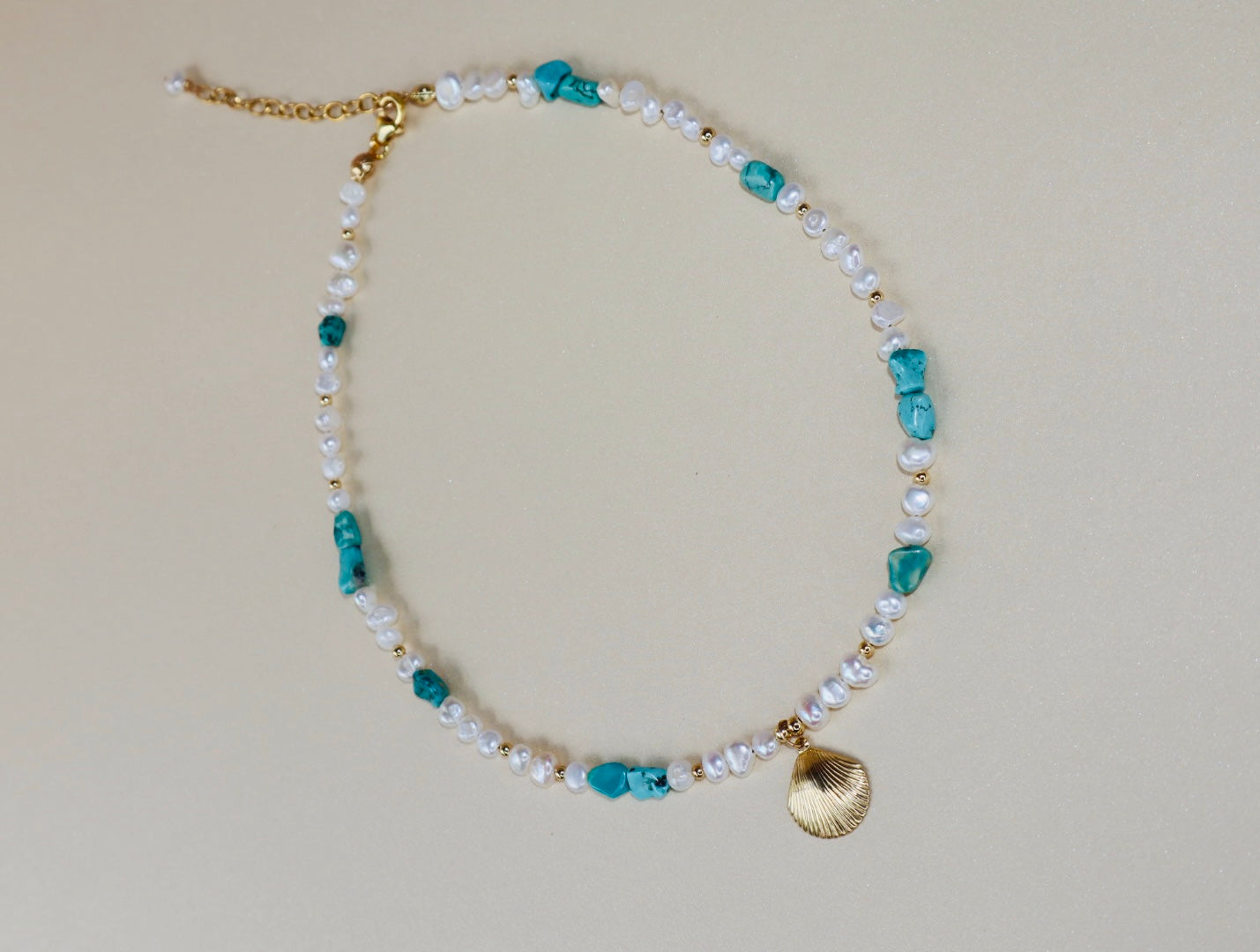 14k Gold-filled Turquoise and Baroque Pearl Necklace with Gold Shell Pendant