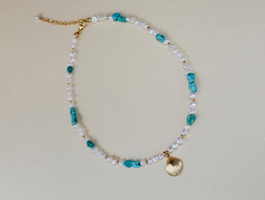14k Gold-filled Turquoise and Baroque Pearl Necklace with Gold Shell Pendant