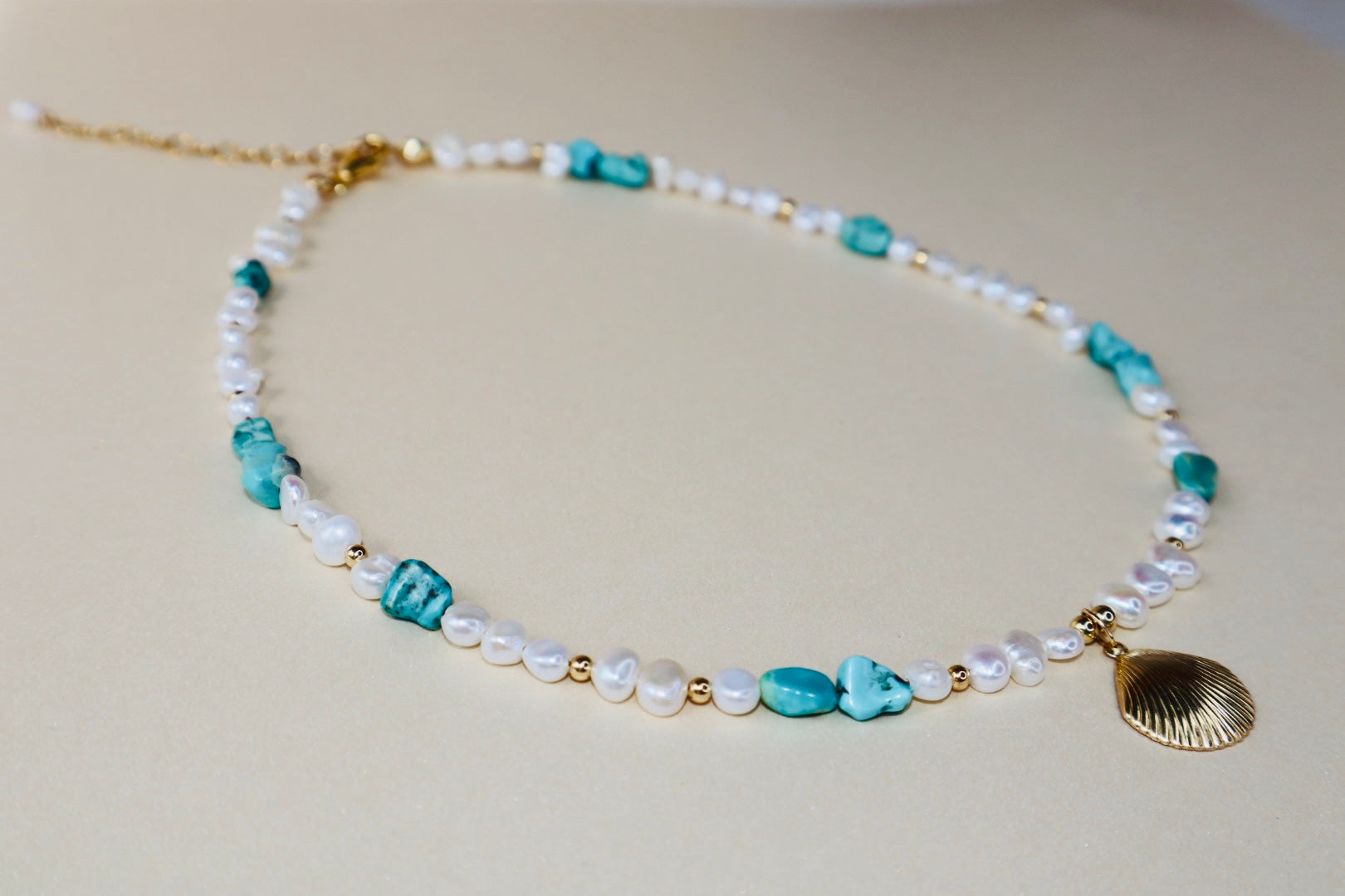 14k Gold-filled Turquoise and Baroque Pearl Necklace with Gold Shell Pendant