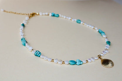 14k Gold-filled Turquoise and Baroque Pearl Necklace with Gold Shell Pendant