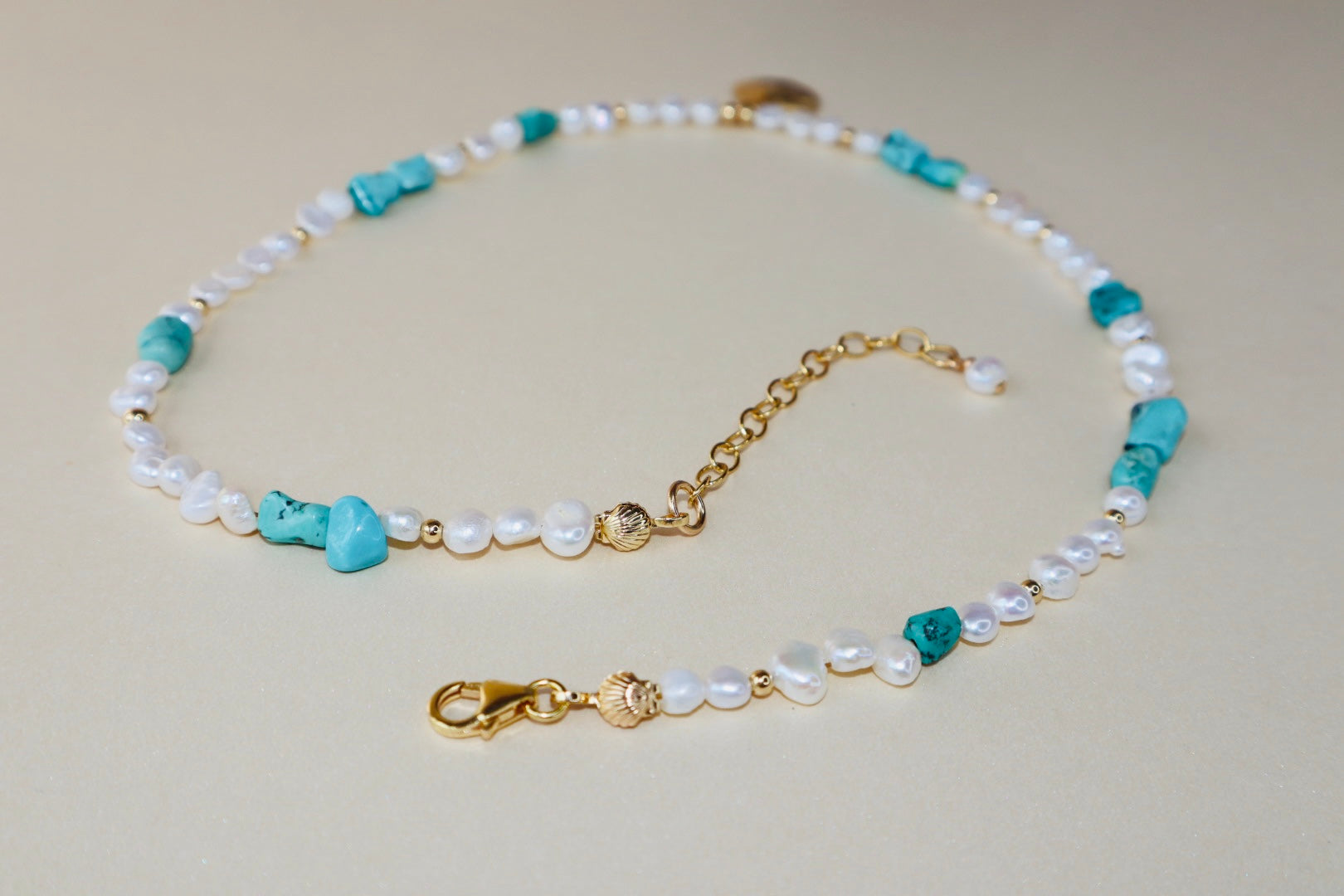 14k Gold-filled Turquoise and Baroque Pearl Necklace with Gold Shell Pendant