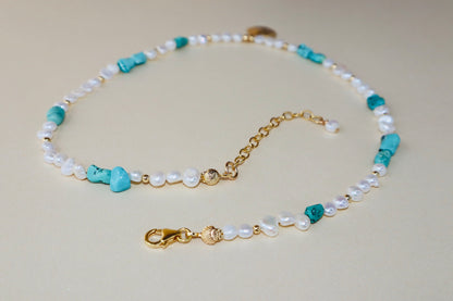 14k Gold-filled Turquoise and Baroque Pearl Necklace with Gold Shell Pendant