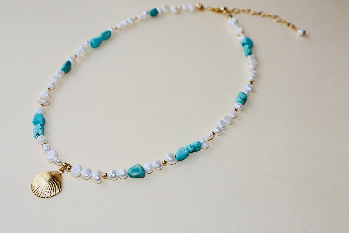 14k Gold-filled Turquoise and Baroque Pearl Necklace with Gold Shell Pendant