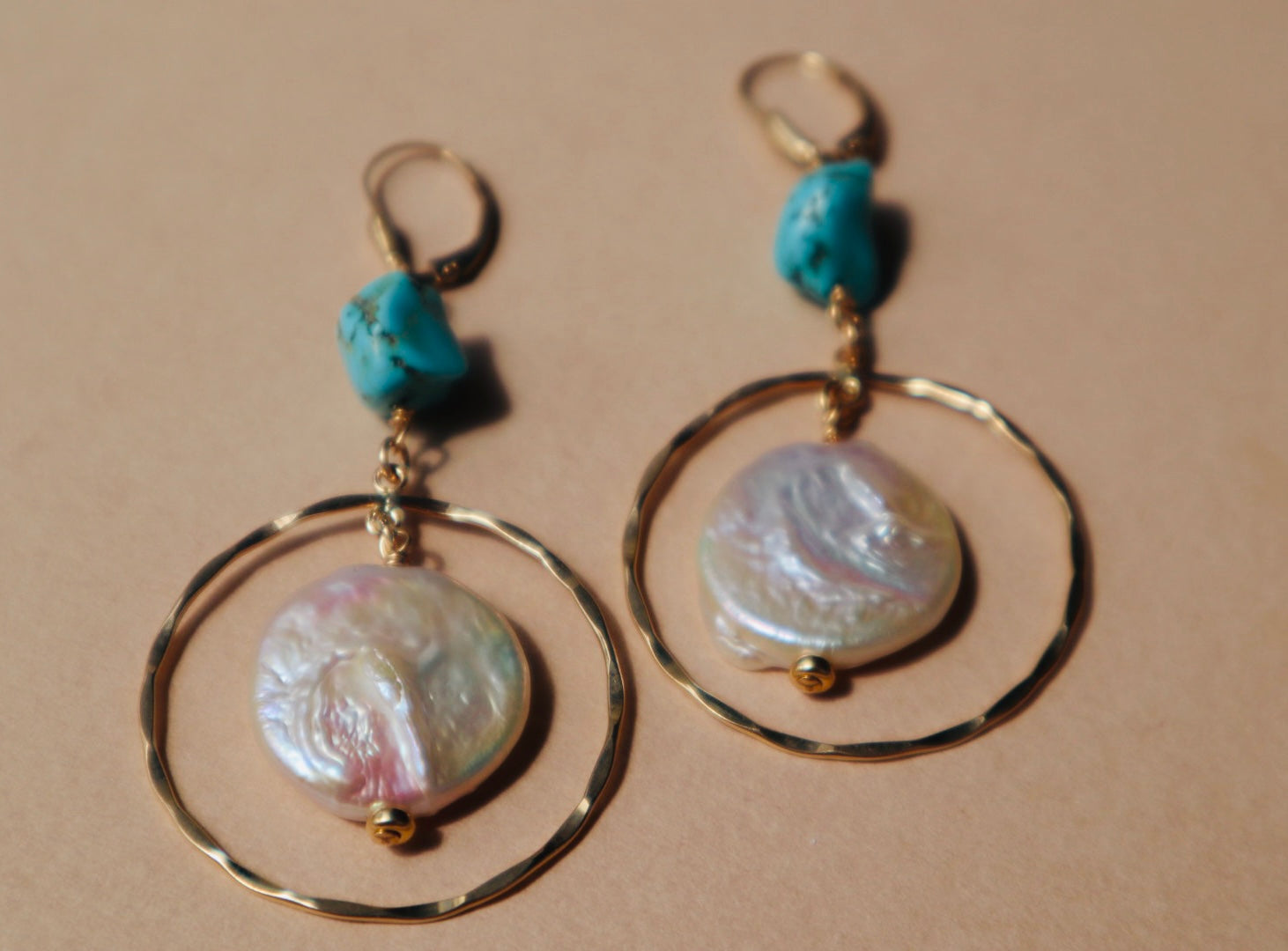 Freshwater pearl and gold coin drop earrings — Anath earrings by Hera Jewels.