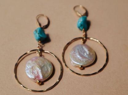 Freshwater pearl and gold coin drop earrings — Anath earrings by Hera Jewels.