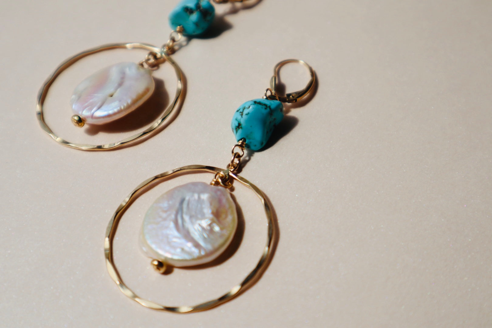 Freshwater pearl and gold coin drop earrings — Anath earrings by Hera Jewels.