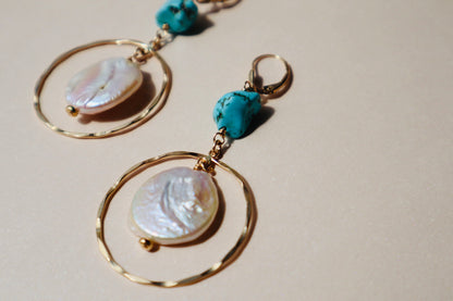 Freshwater pearl and gold coin drop earrings — Anath earrings by Hera Jewels.