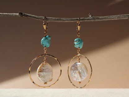 Freshwater pearl and gold coin drop earrings — Anath earrings by Hera Jewels.