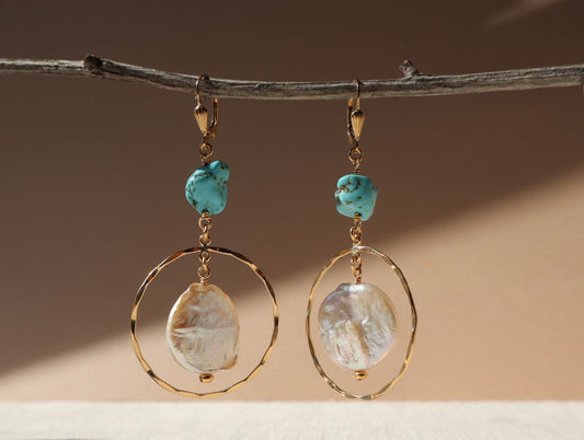 Freshwater pearl and gold coin drop earrings — Anath earrings by Hera Jewels.