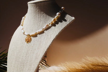Gold Tree of Life pendant with freshwater pearl on gold chain — Athena necklace by Hera Jewels.