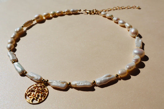 Gold Tree of Life pendant with freshwater pearl on gold chain — Athena necklace by Hera Jewels.