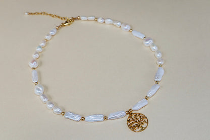 Gold Tree of Life pendant with freshwater pearl on gold chain — Athena necklace by Hera Jewels.