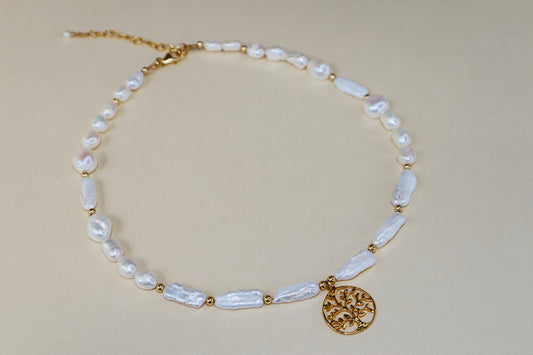 Gold Tree of Life pendant with freshwater pearl on gold chain — Athena necklace by Hera Jewels.