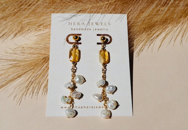 Freshwater pearl and citrine stud drop earrings — Aurora earrings by Hera Jewels.