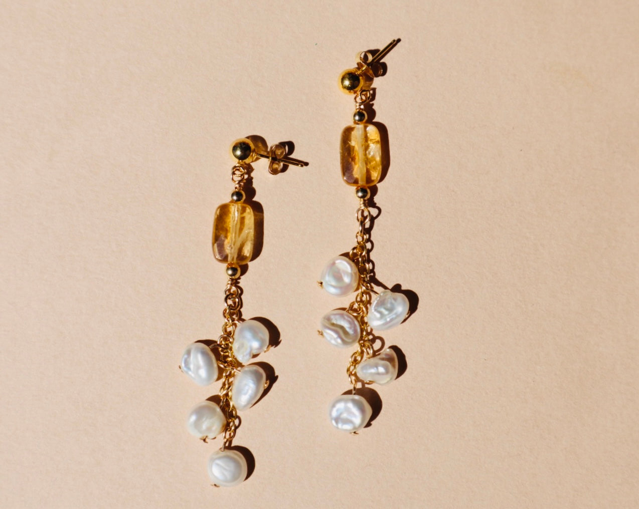 Freshwater pearl and citrine stud drop earrings — Aurora earrings by Hera Jewels.