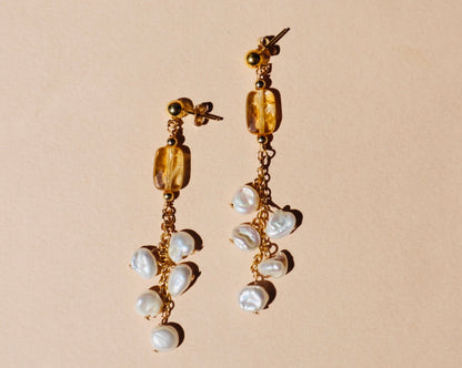 Freshwater pearl and citrine stud drop earrings — Aurora earrings by Hera Jewels.