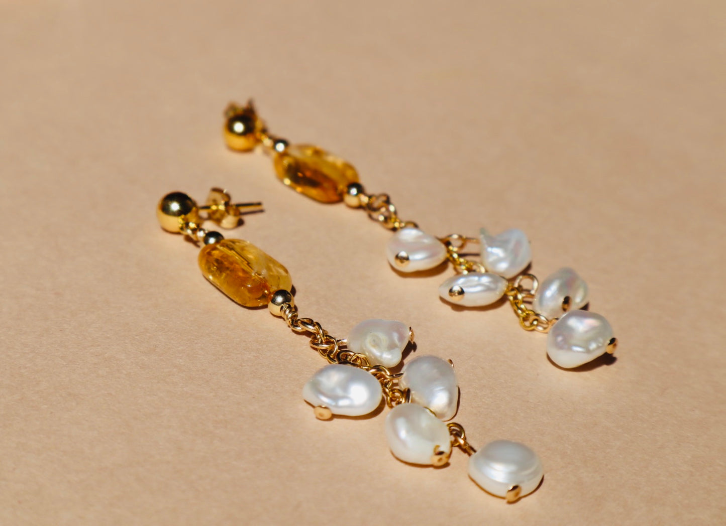 Freshwater pearl and citrine stud drop earrings — Aurora earrings by Hera Jewels.