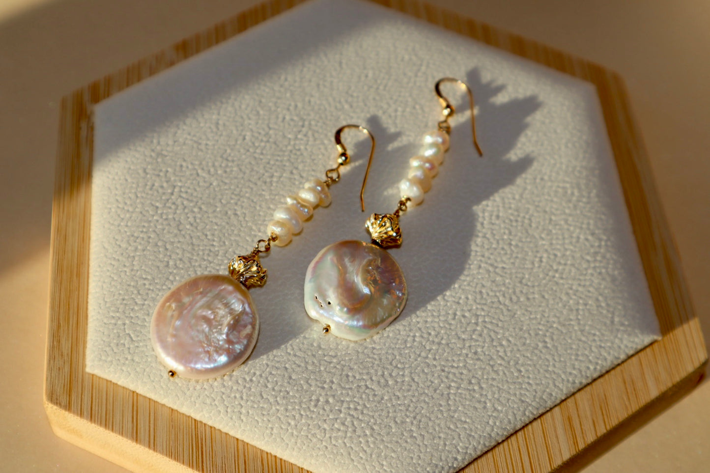 Hand-wrapped freshwater pearl drop earrings — Bellona earrings by Hera Jewels.