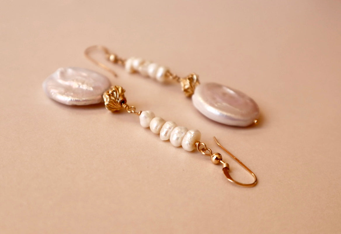 Hand-wrapped freshwater pearl drop earrings — Bellona earrings by Hera Jewels.
