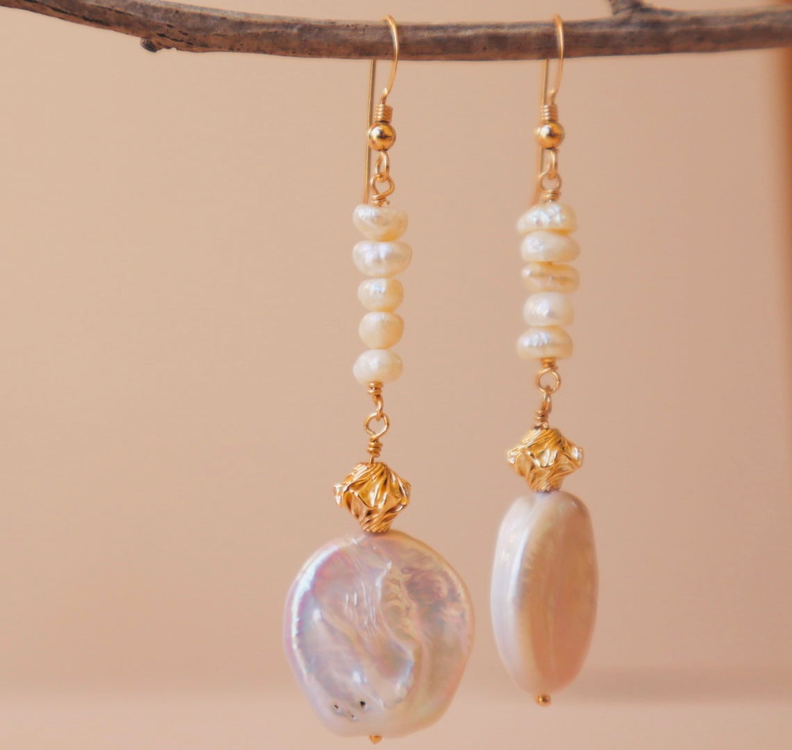 Hand-wrapped freshwater pearl drop earrings — Bellona earrings by Hera Jewels.
