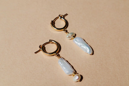 Freshwater pearl and gold sacred drop earrings — Brigid earrings by Hera Jewels.