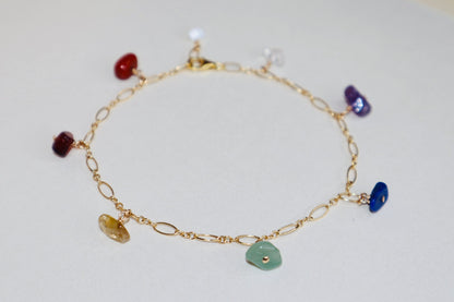 14k gold-filled Chakra Stones - Gold Chain Anklet- carnelian, red jasper, citrine, green aventurine, lapis, amethyst, clear quartz
