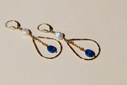 14k gold-filled Hammered Teardrop Lapis  Lazuli and Pearl Earrings