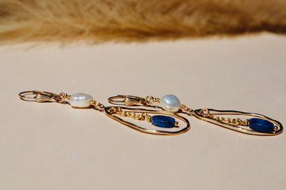 14k gold-filled Hammered Teardrop Lapis  Lazuli and Pearl Earrings